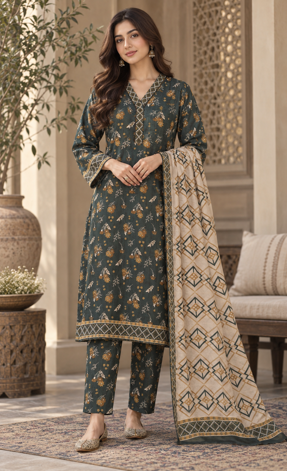 Tawakkal Deep Teal Floral Printed 3-Piece Suit