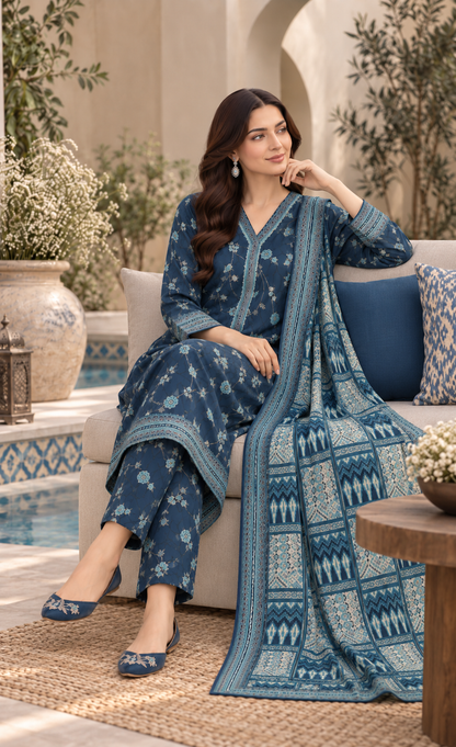 Tawakkal Midnight Blue Floral Printed 3-Piece Suit