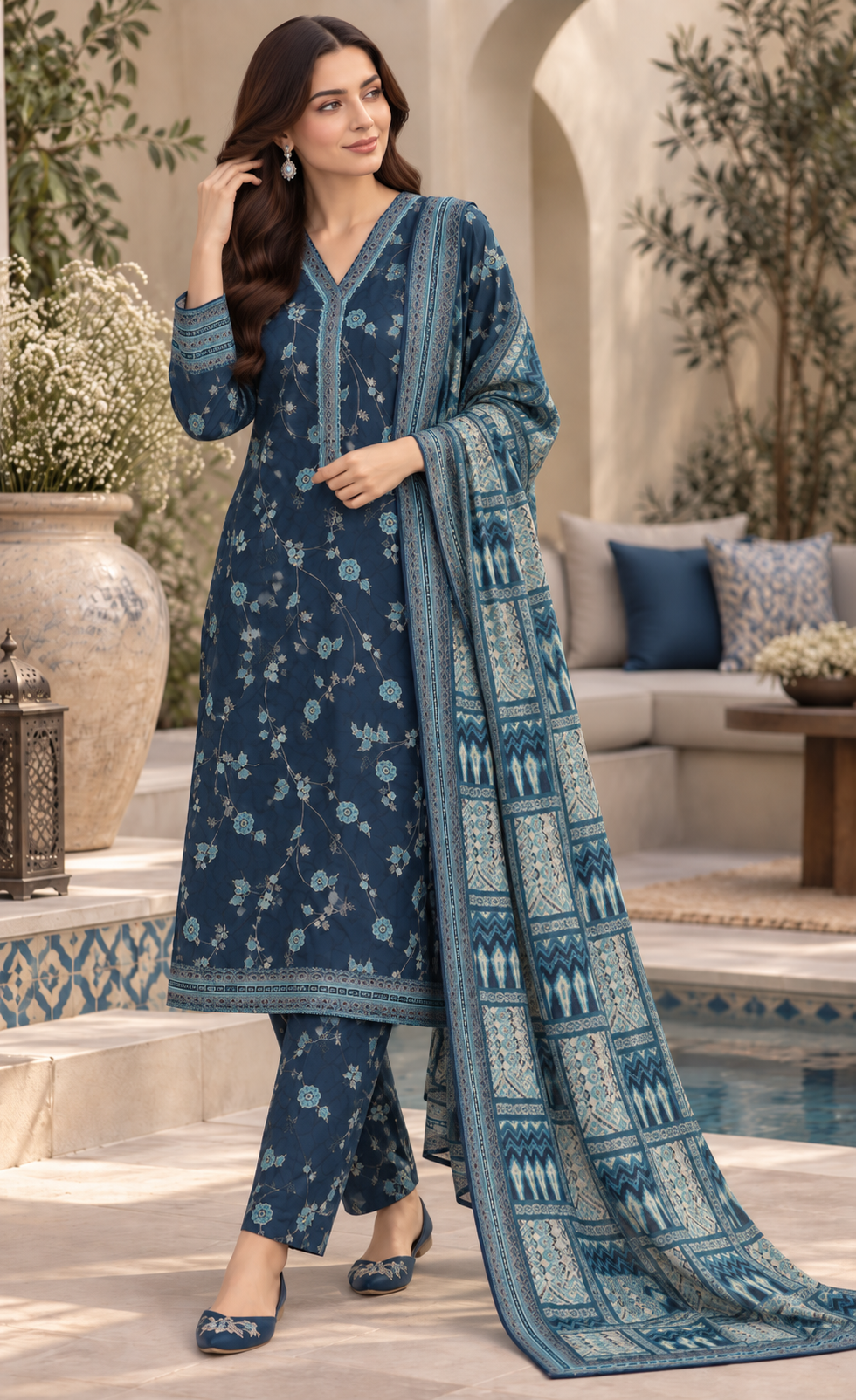 Tawakkal Midnight Blue Floral Printed 3-Piece Suit