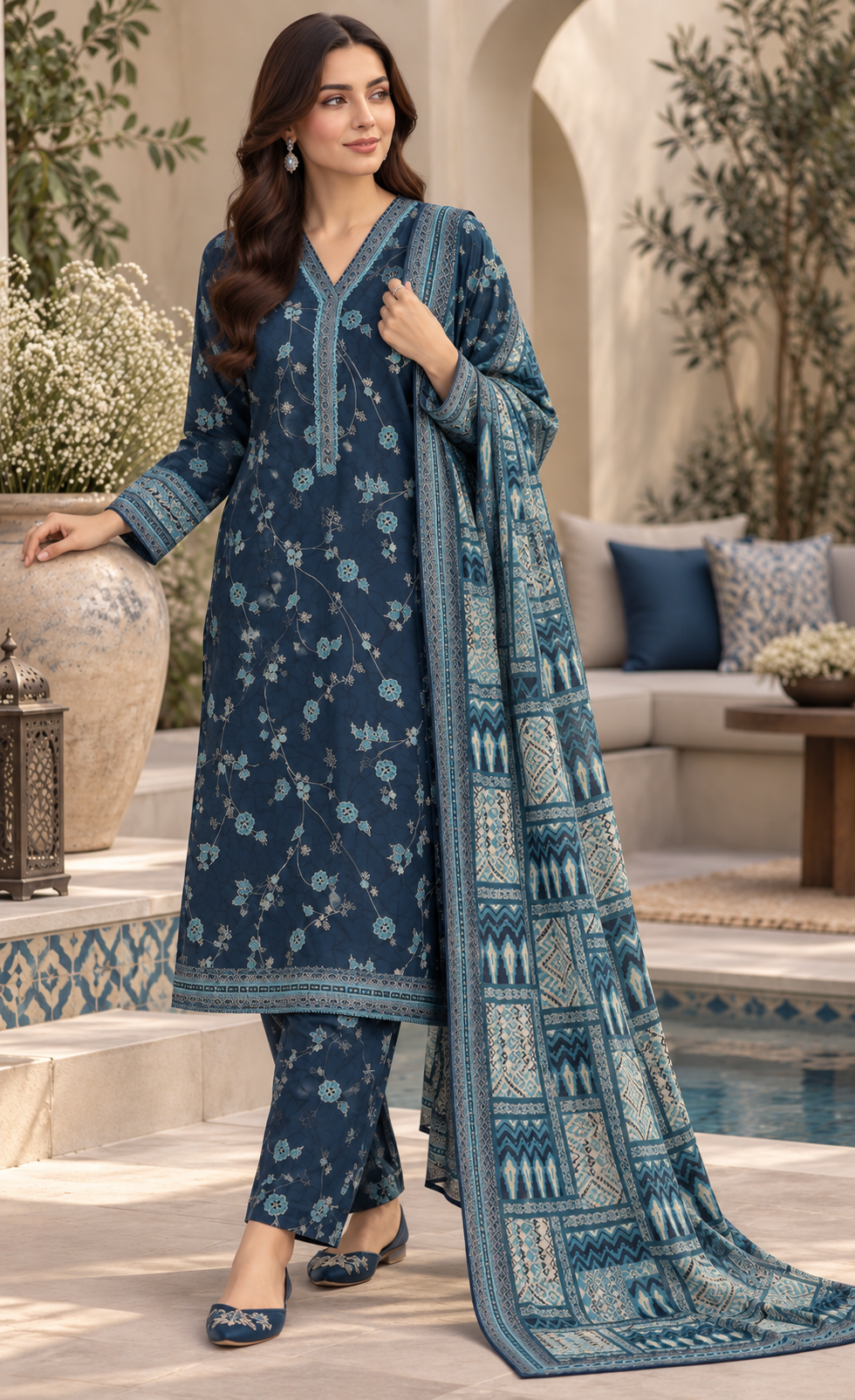 Tawakkal Midnight Blue Floral Printed 3-Piece Suit