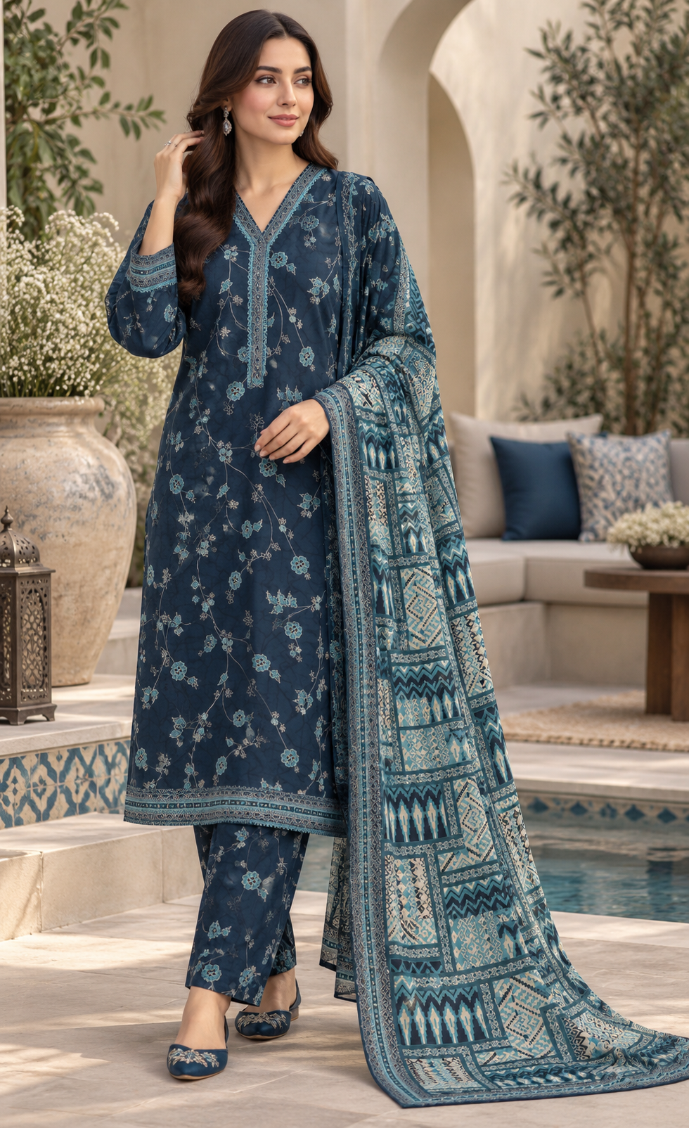 Tawakkal Midnight Blue Floral Printed 3-Piece Suit