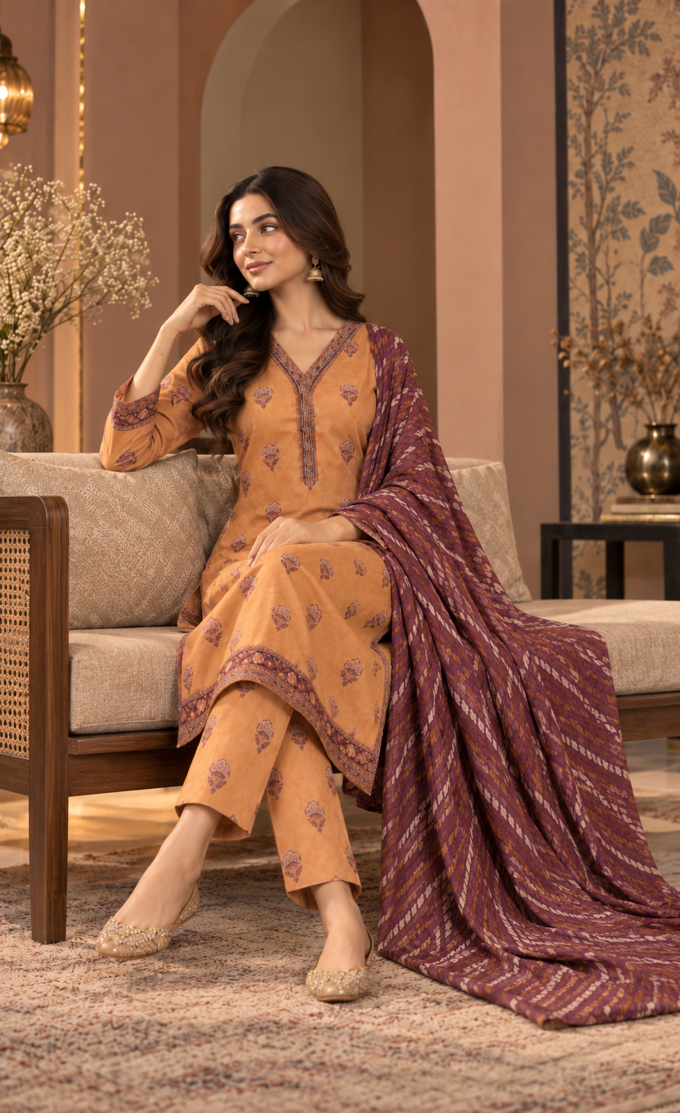 Tawakkal Peach Rust Printed 3-Piece Suit