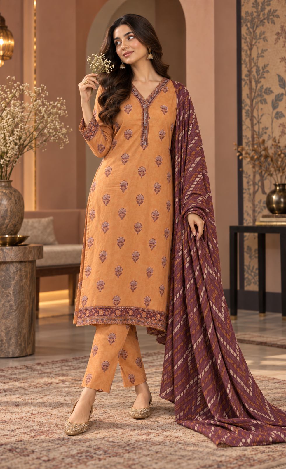 Tawakkal Peach Rust Printed 3-Piece Suit