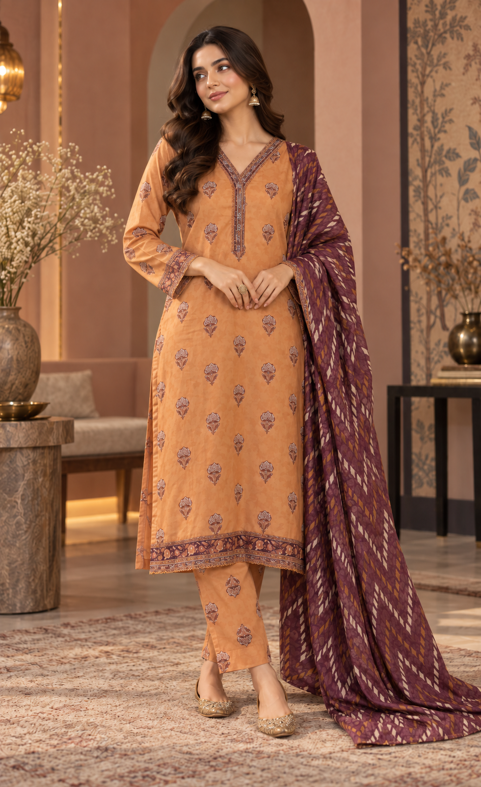 Tawakkal Peach Rust Printed 3-Piece Suit