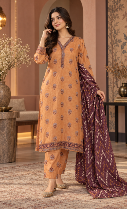 Tawakkal Peach Rust Printed 3-Piece Suit