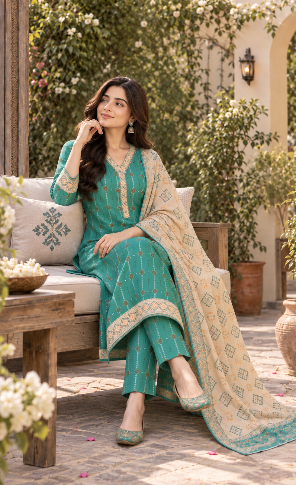 Tawakkal Aqua Teal Printed 3-Piece Suit