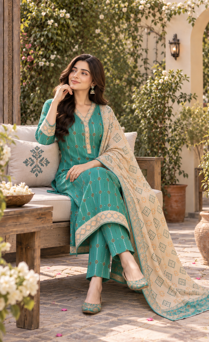 Tawakkal Aqua Teal Printed 3-Piece Suit