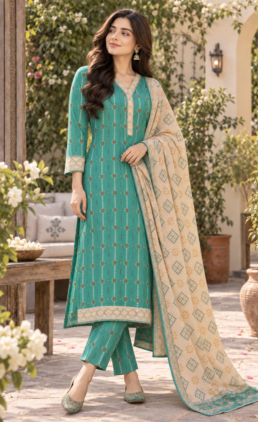 Tawakkal Aqua Teal Printed 3-Piece Suit
