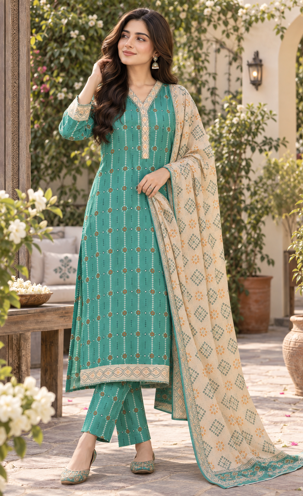 Tawakkal Aqua Teal Printed 3-Piece Suit