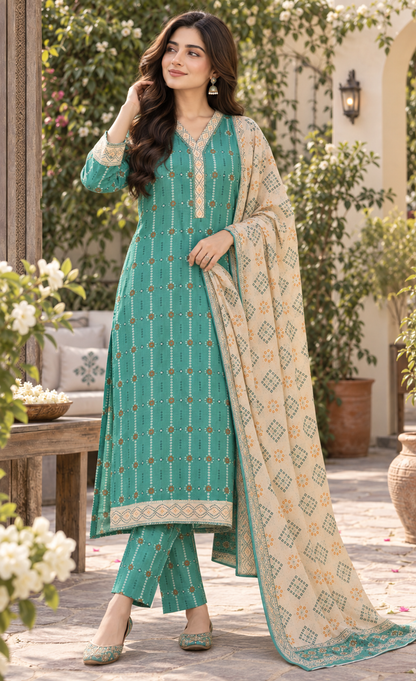 Tawakkal Aqua Teal Printed 3-Piece Suit