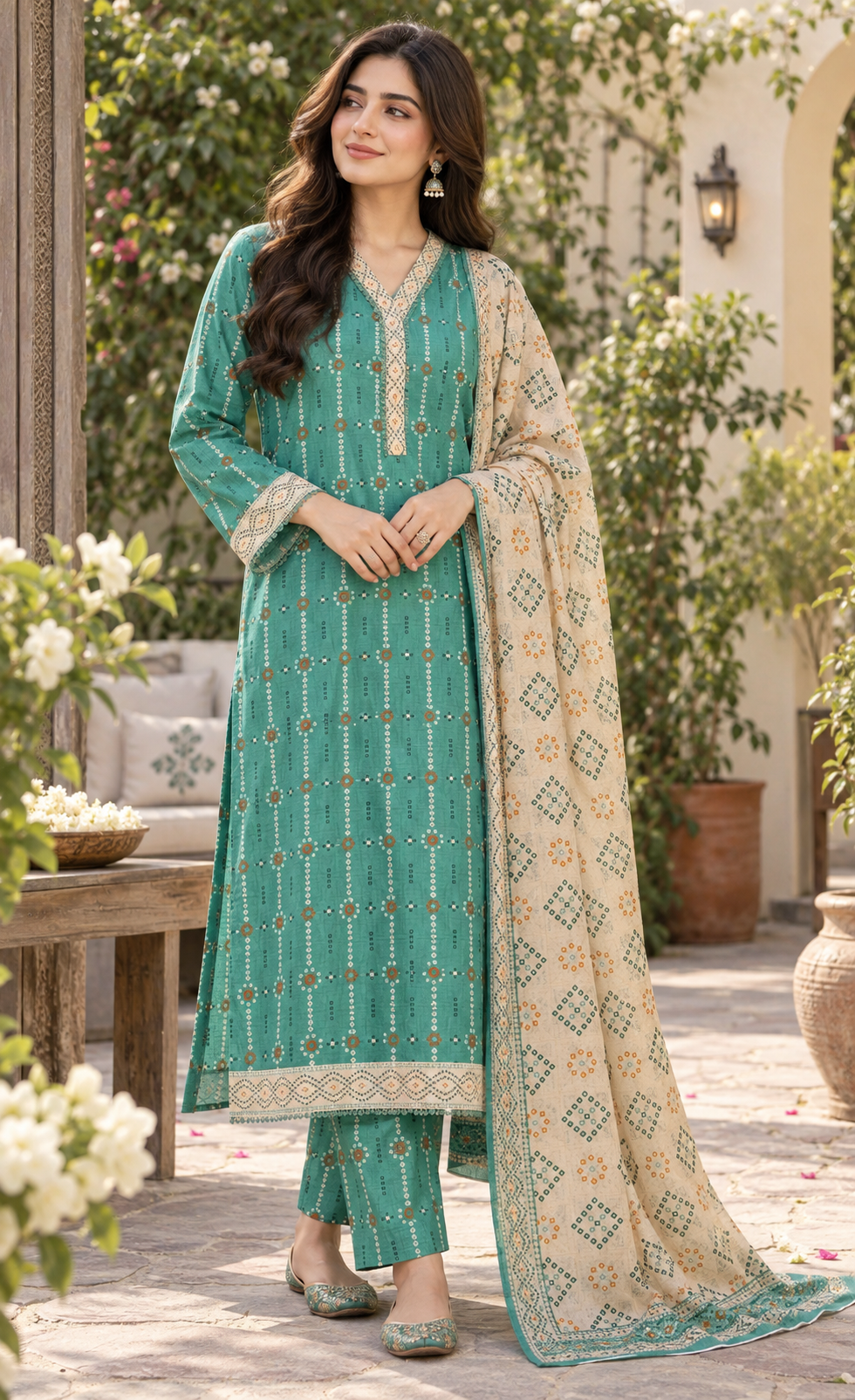 Tawakkal Aqua Teal Printed 3-Piece Suit