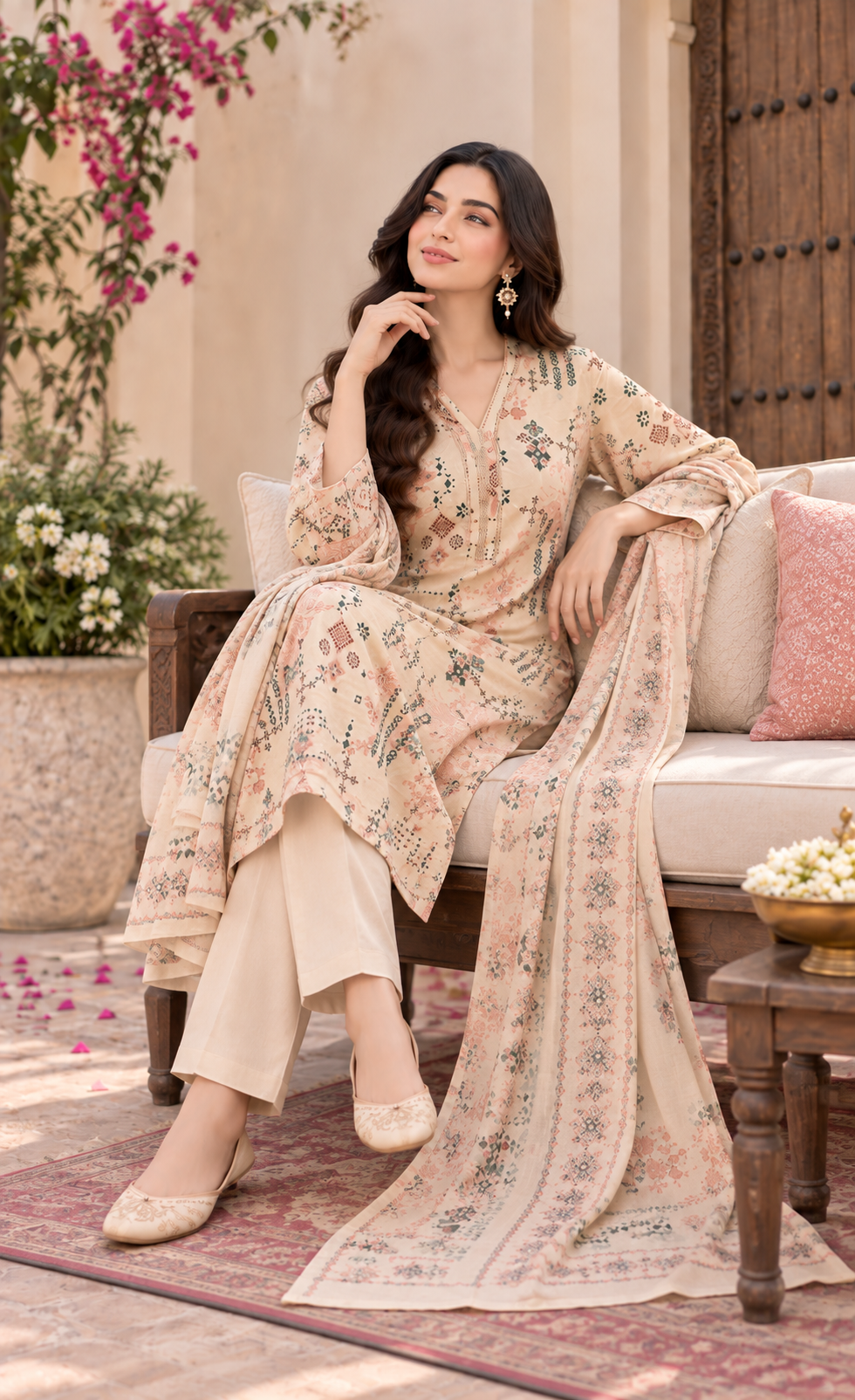 Saya Ivory Printed 3-Piece Suit