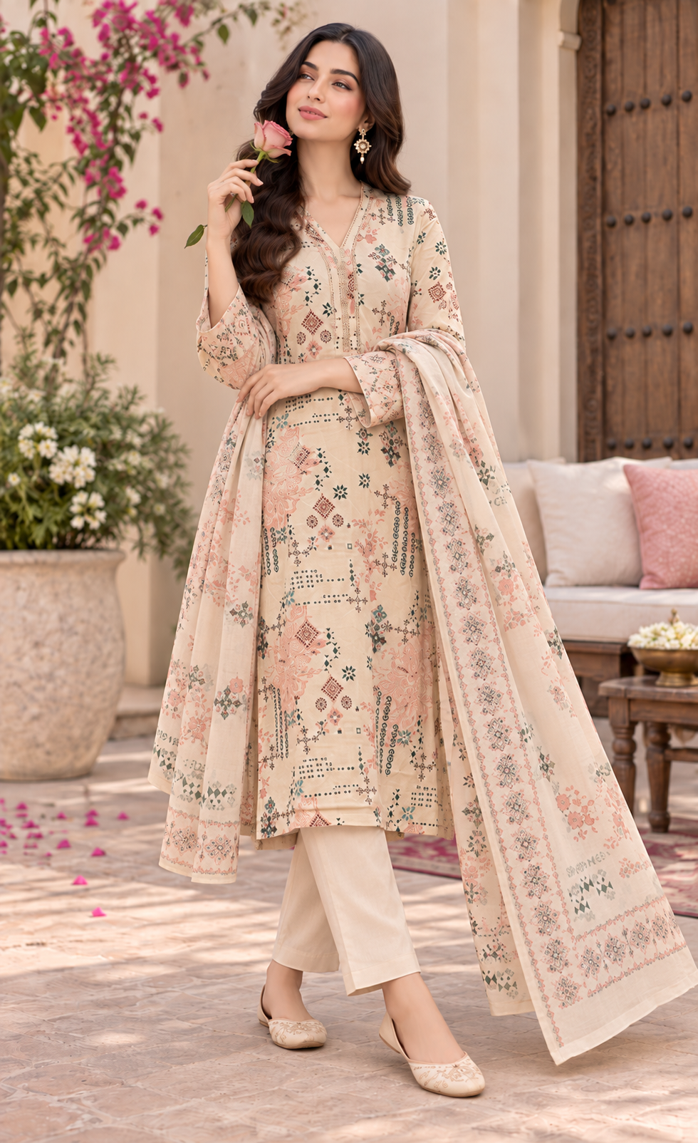 Saya Ivory Printed 3-Piece Suit