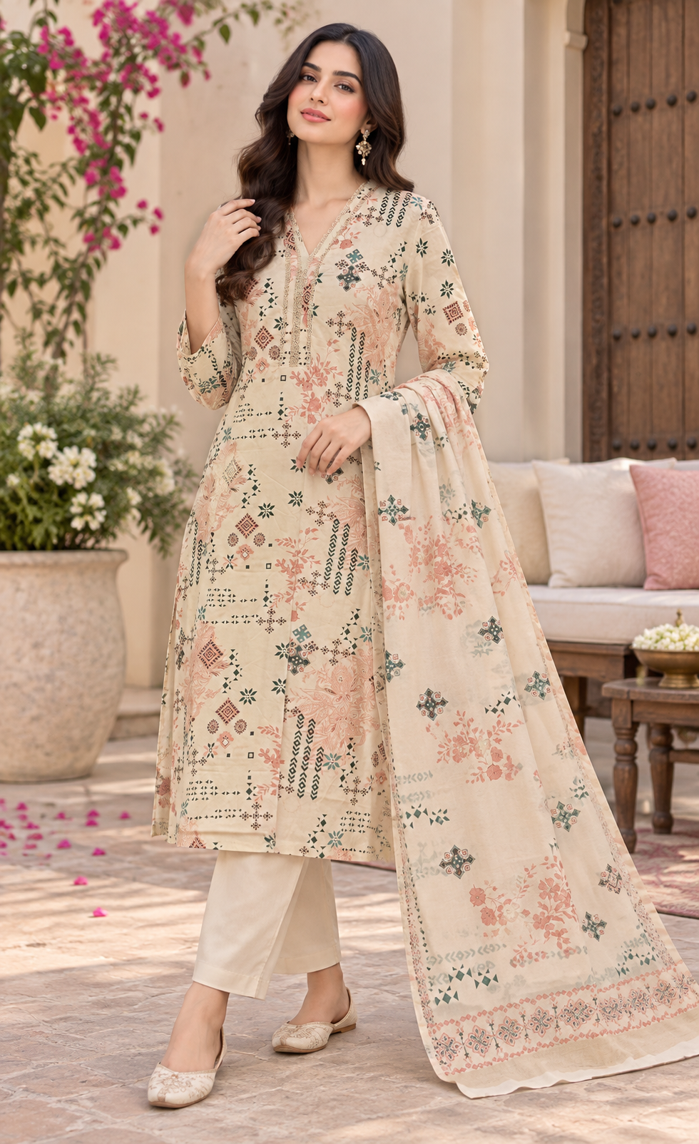 Saya Ivory Printed 3-Piece Suit