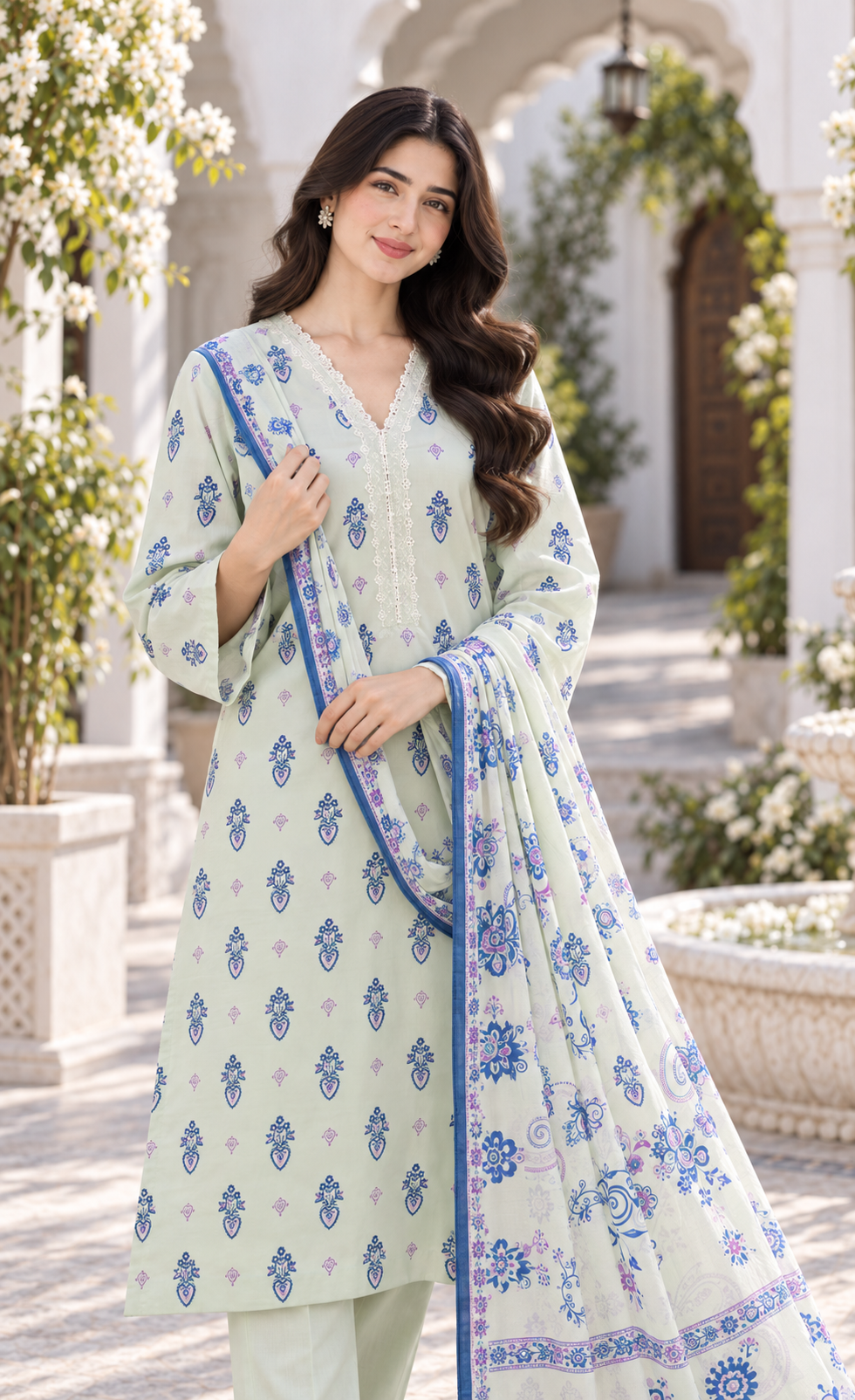 Saya Mint Green Printed 3-Piece Suit