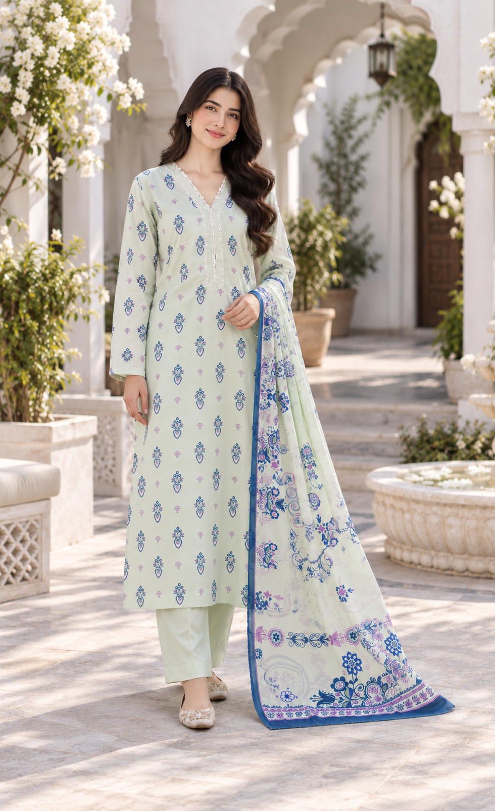 Saya Mint Green Printed 3-Piece Suit