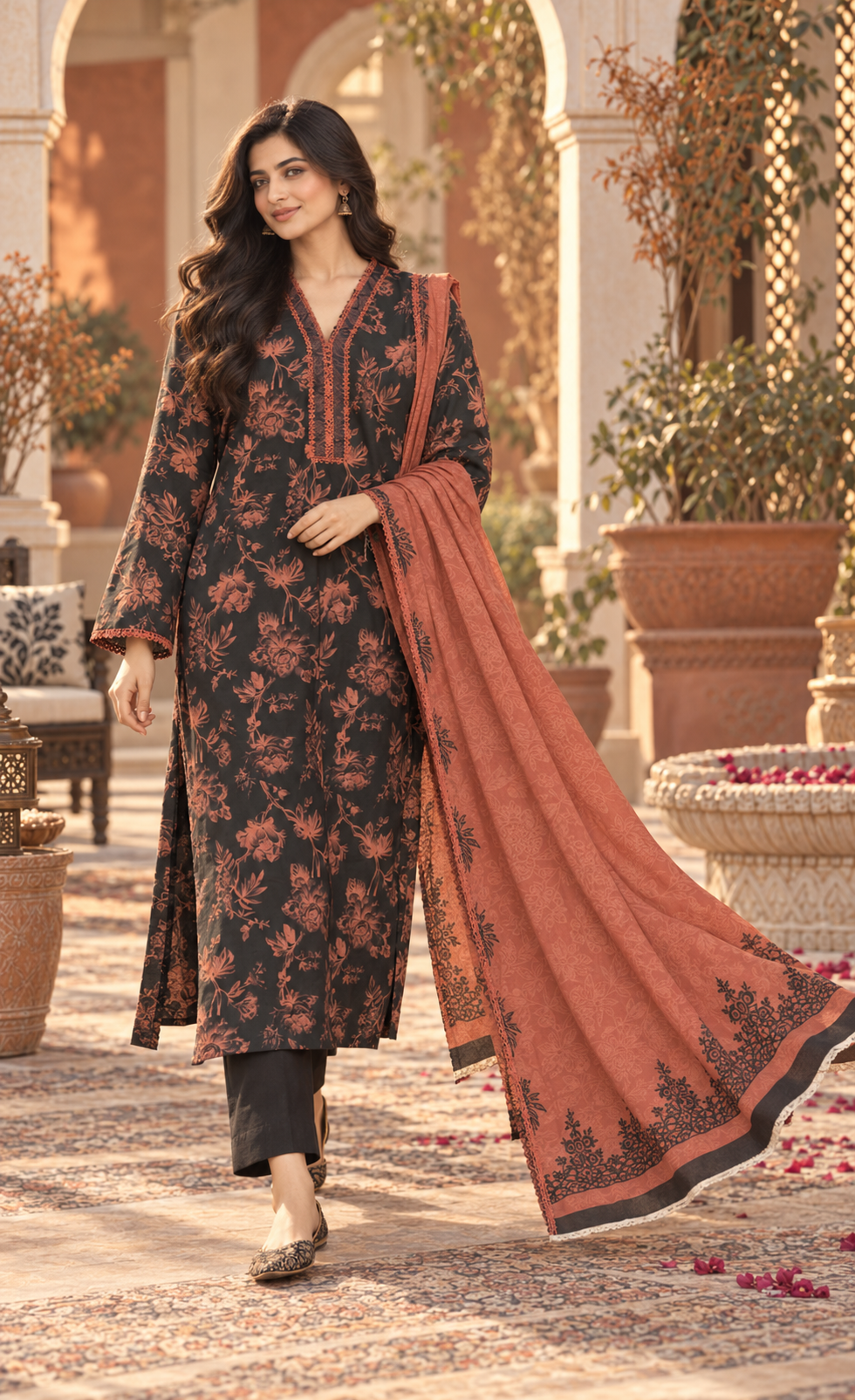 Saya Black & Rust Floral Printed 3-Piece Suit