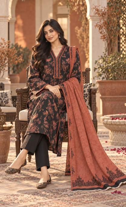 Saya Black & Rust Floral Printed 3-Piece Suit
