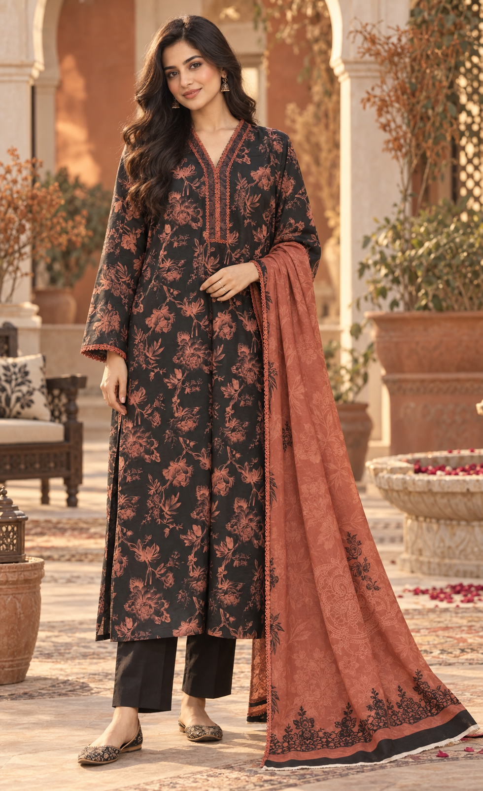 Saya Black & Rust Floral Printed 3-Piece Suit