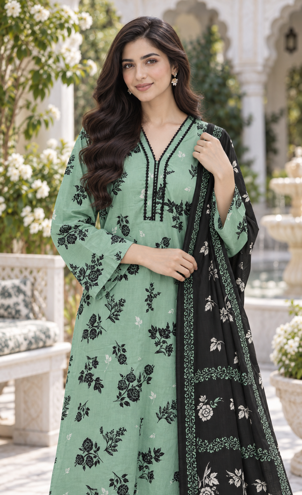 Saya Mint Green & Black Floral Printed 3-Piece Suit