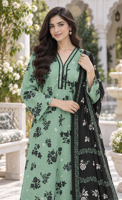 Saya Mint Green & Black Floral Printed 3-Piece Suit