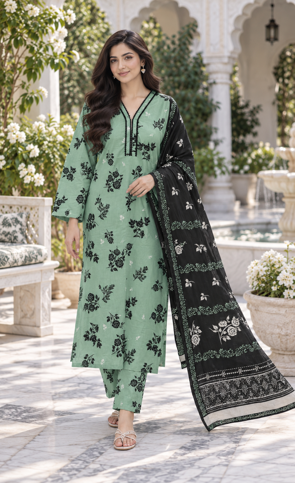 Saya Mint Green & Black Floral Printed 3-Piece Suit