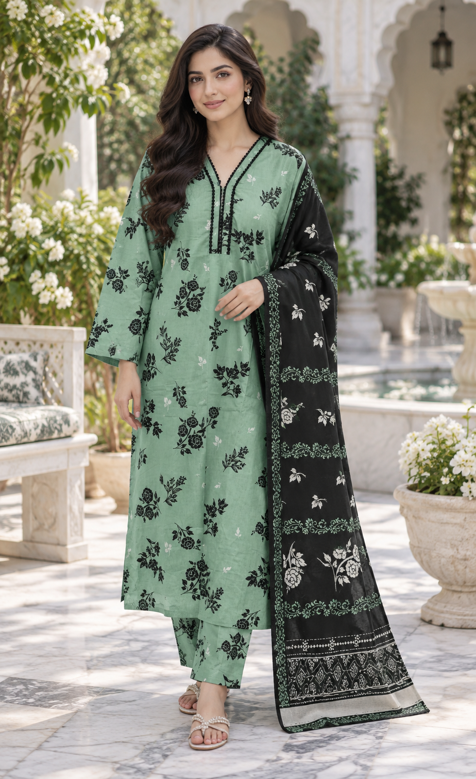 Saya Mint Green & Black Floral Printed 3-Piece Suit
