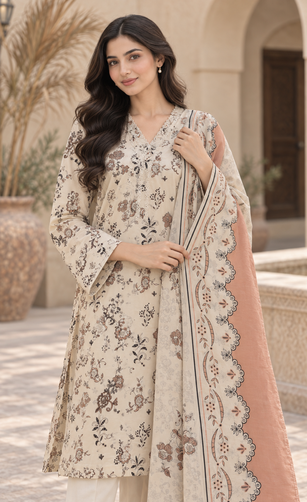 Saya Ivory & Peach Floral Printed 3-Piece Suit