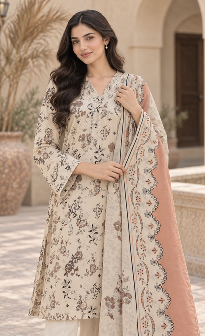 Saya Ivory & Peach Floral Printed 3-Piece Suit