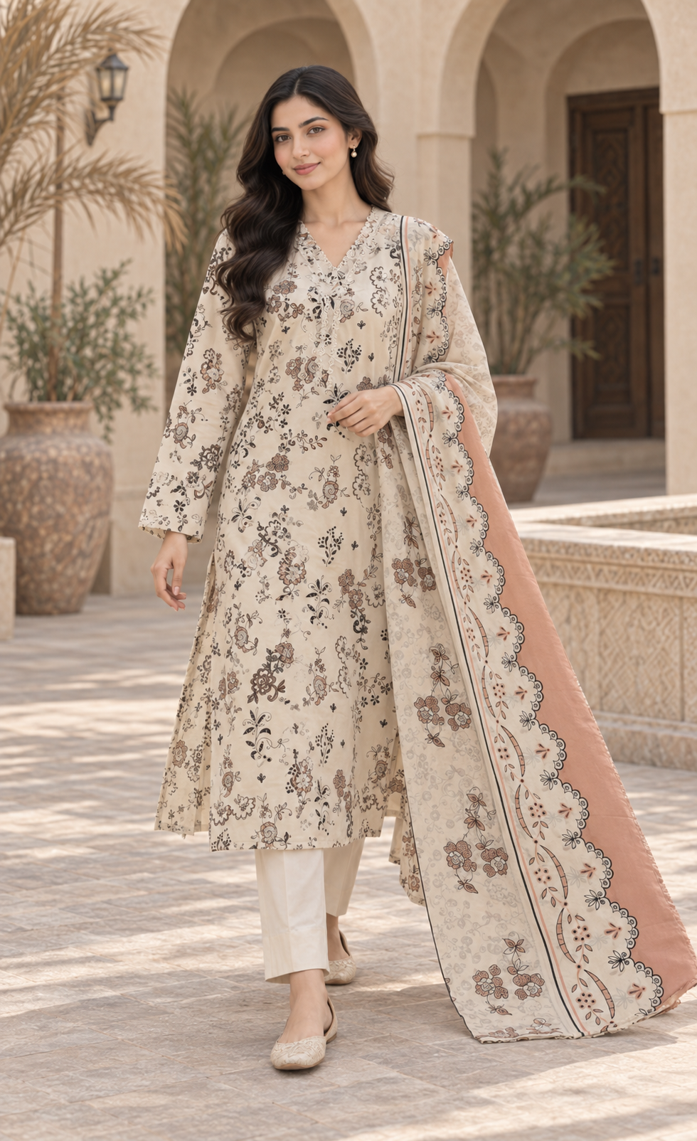 Saya Ivory & Peach Floral Printed 3-Piece Suit