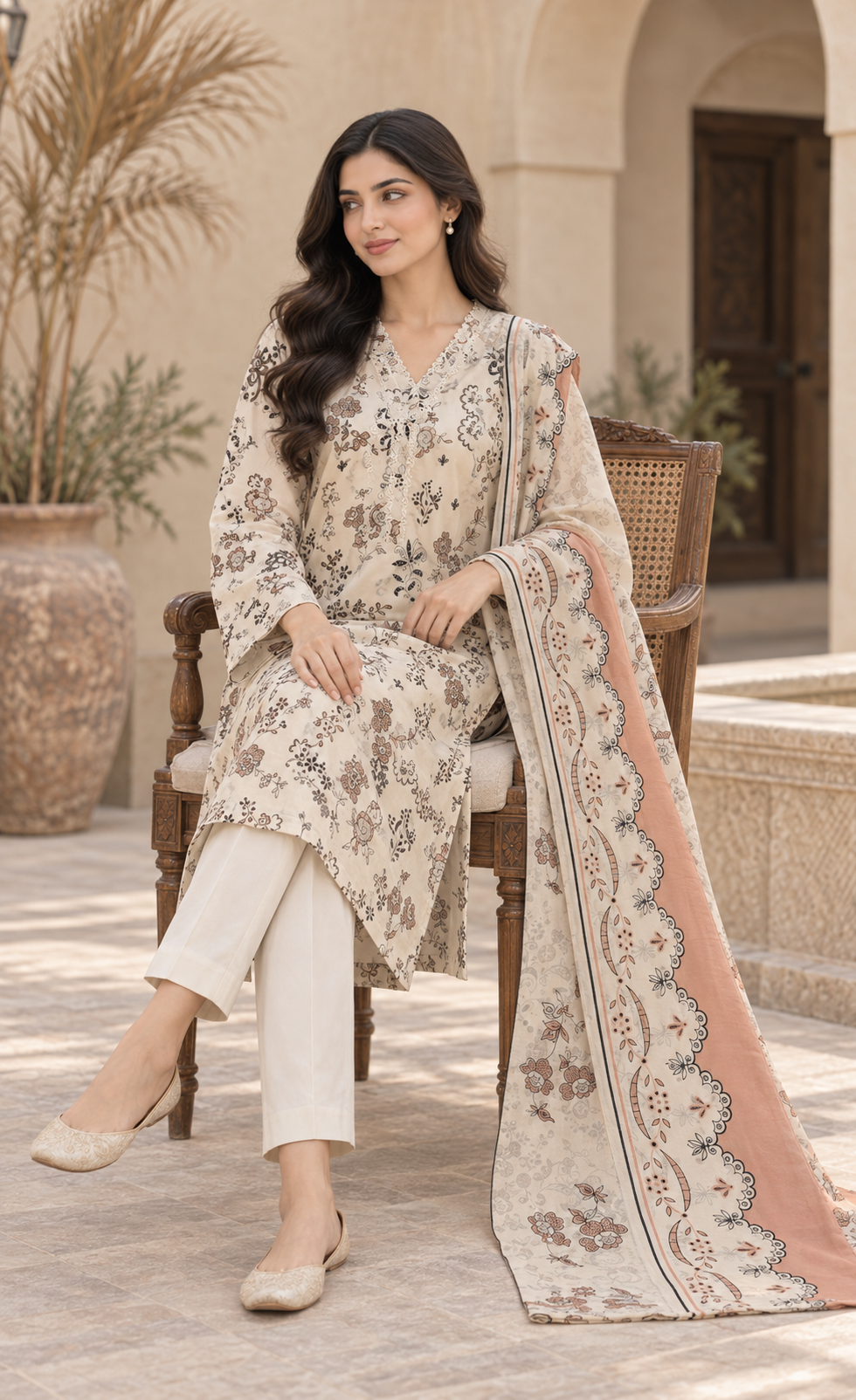 Saya Ivory & Peach Floral Printed 3-Piece Suit
