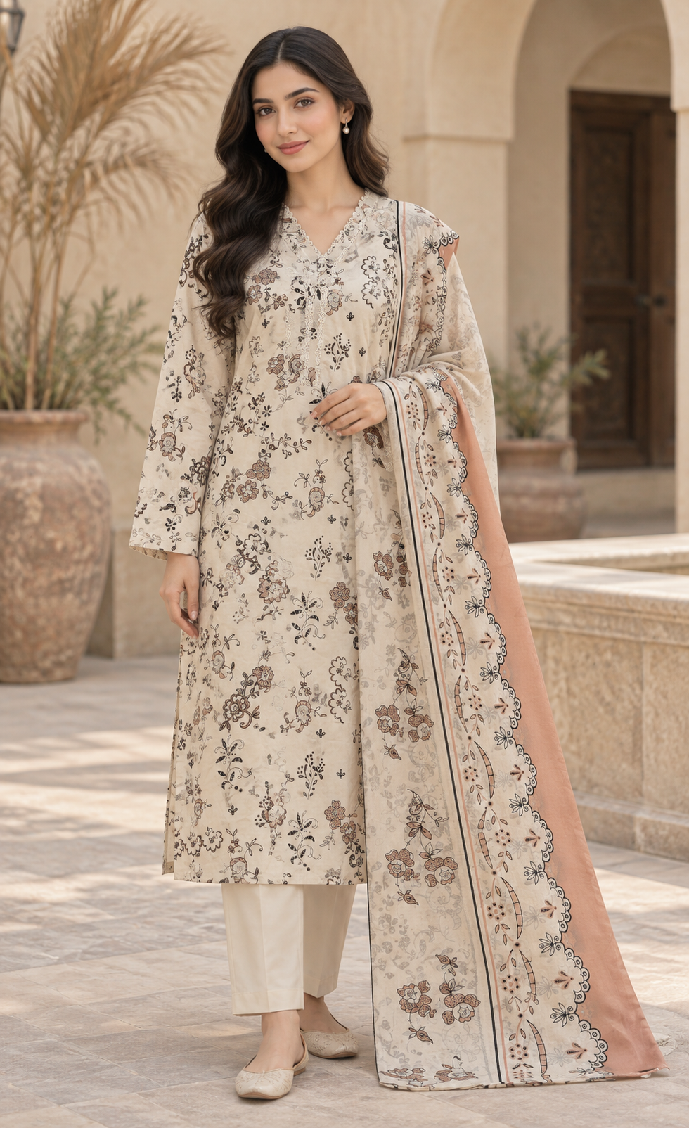 Saya Ivory & Peach Floral Printed 3-Piece Suit