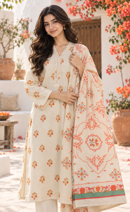 Saya Ivory & Orange Printed 3-Piece Suit