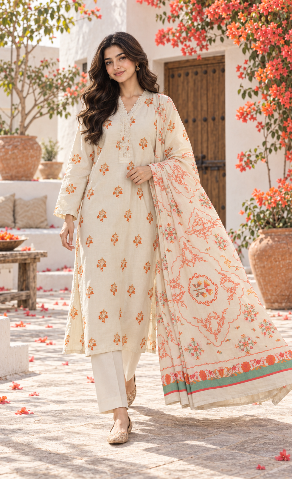 Saya Ivory & Orange Printed 3-Piece Suit