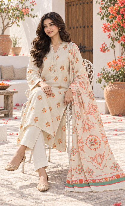 Saya Ivory & Orange Printed 3-Piece Suit