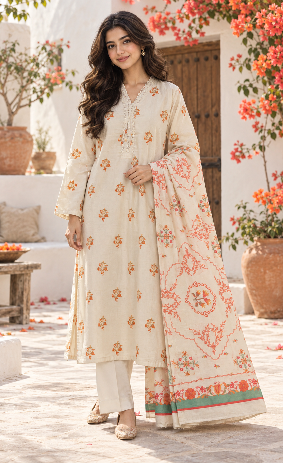 Saya Ivory & Orange Printed 3-Piece Suit