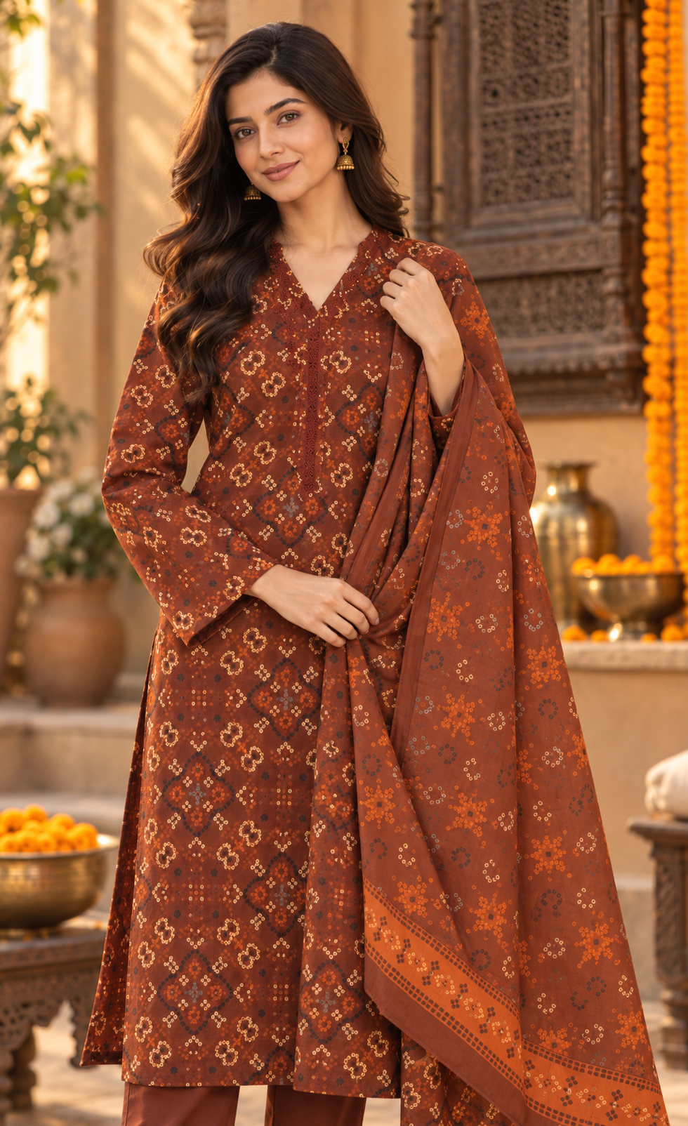 Saya Rust Brown Printed 3-Piece Suit