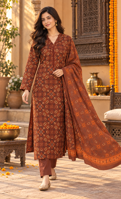 Saya Rust Brown Printed 3-Piece Suit