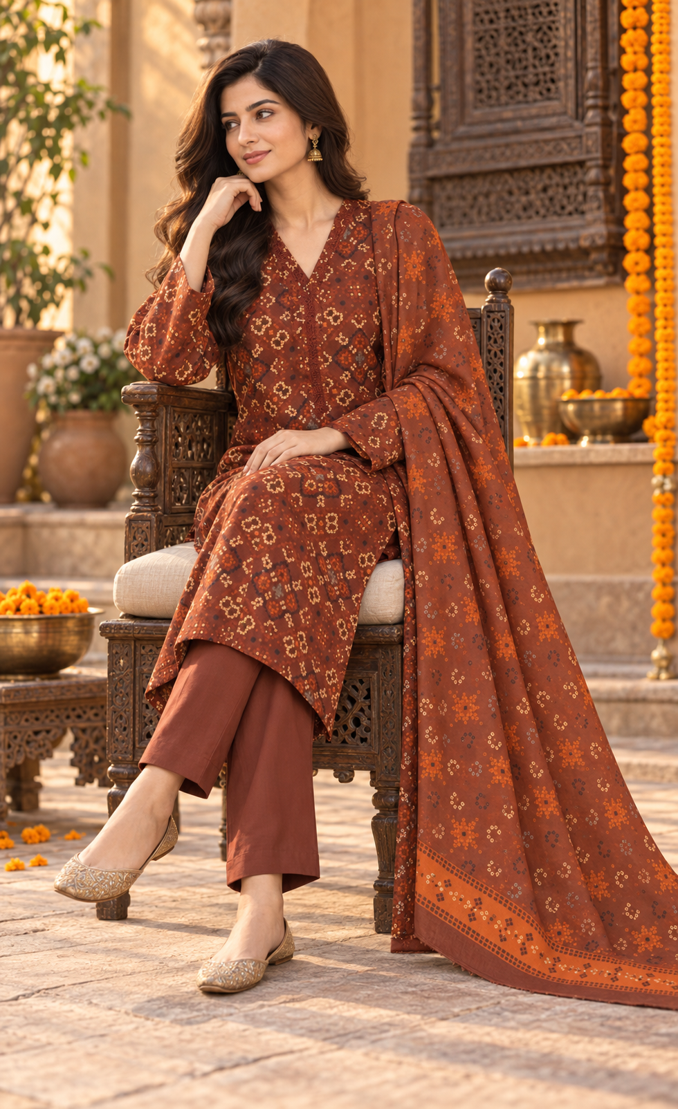 Saya Rust Brown Printed 3-Piece Suit