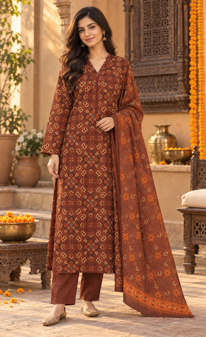 Saya Rust Brown Printed 3-Piece Suit