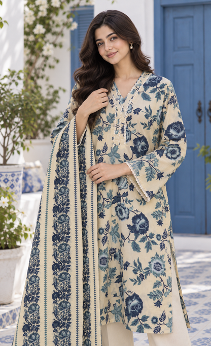 Saya Ivory Blue Floral Printed 3-Piece Suit