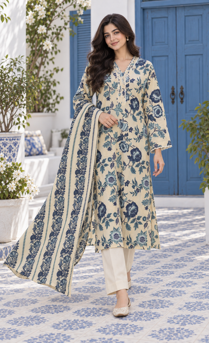 Saya Ivory Blue Floral Printed 3-Piece Suit