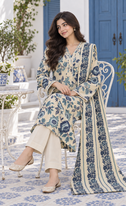 Saya Ivory Blue Floral Printed 3-Piece Suit