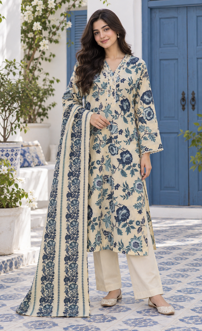 Saya Ivory Blue Floral Printed 3-Piece Suit