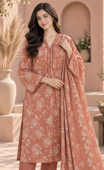 Saya Terracotta Floral Printed 3-Piece Suit