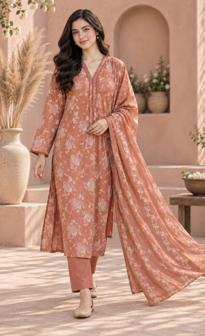 Saya Terracotta Floral Printed 3-Piece Suit