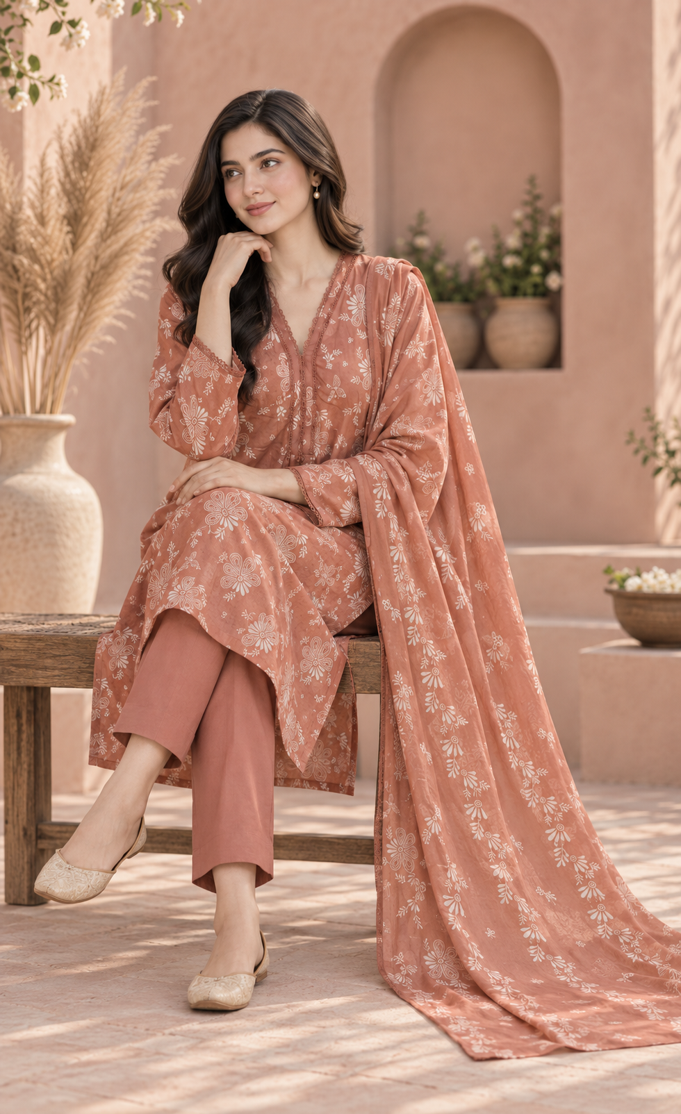 Saya Terracotta Floral Printed 3-Piece Suit