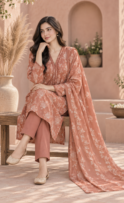 Saya Terracotta Floral Printed 3-Piece Suit
