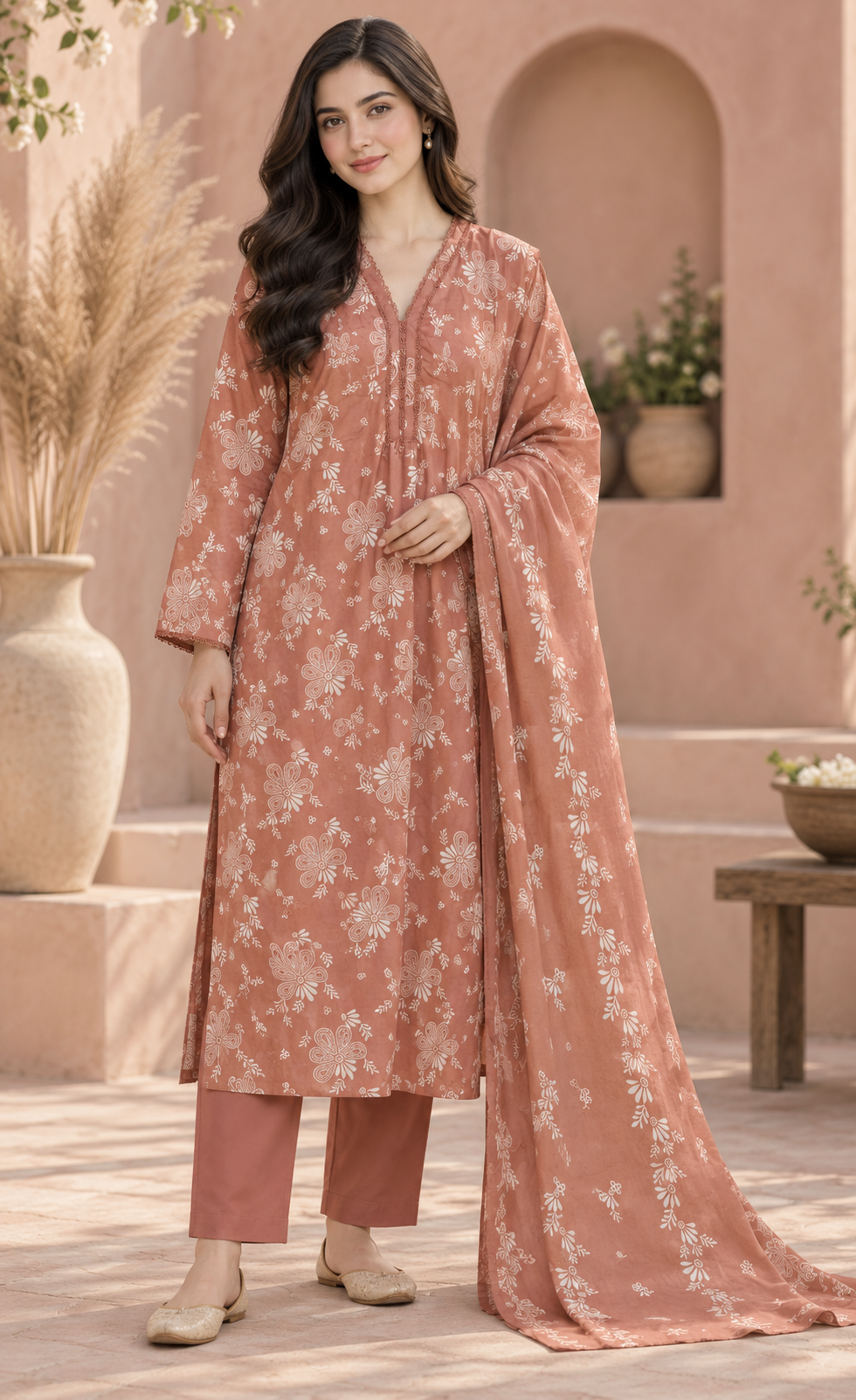 Saya Terracotta Floral Printed 3-Piece Suit