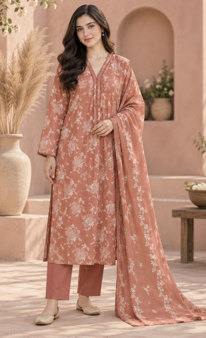 Saya Terracotta Floral Printed 3-Piece Suit